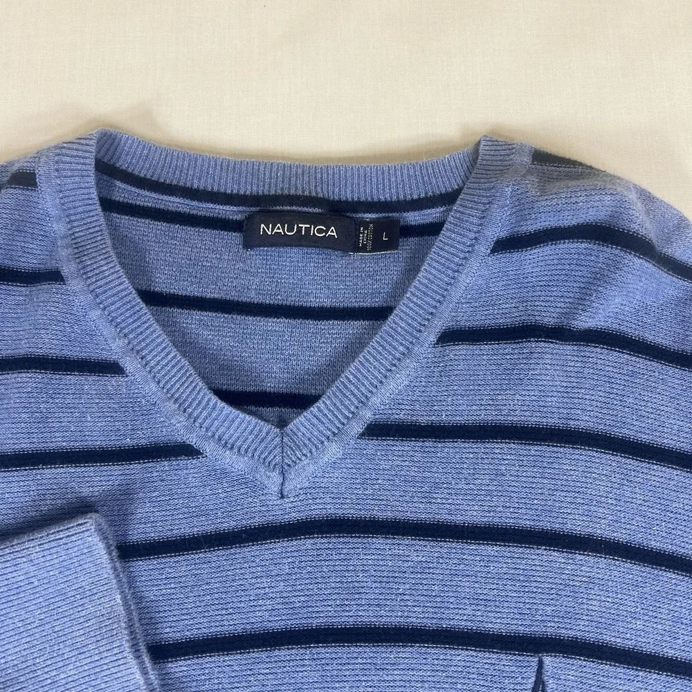 Nautica Mens Large Blue Black Striped V Neck Sweater Cotton Knit Pullover